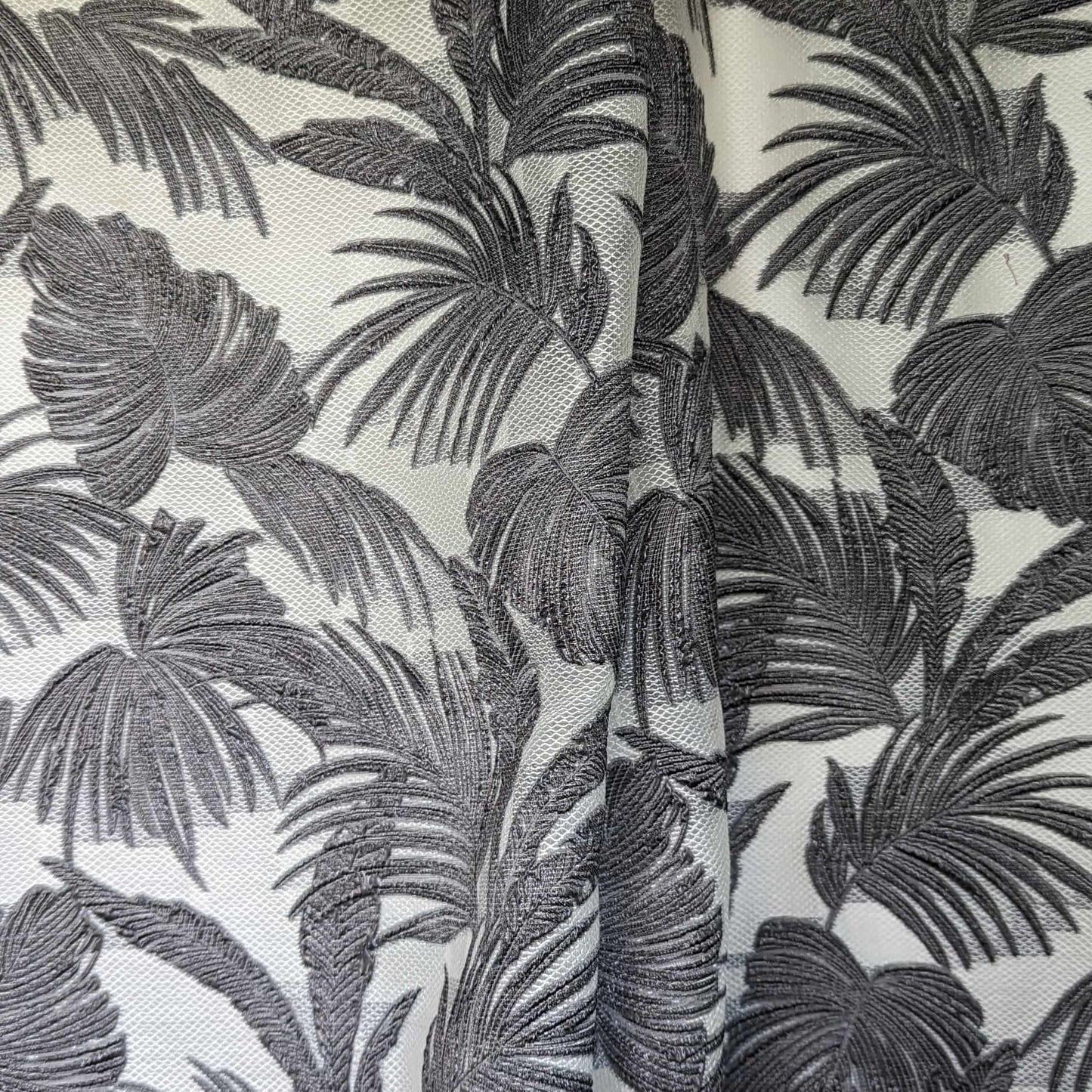 Tropical Leaf Grey Silk and Cotton Jacquard Organza