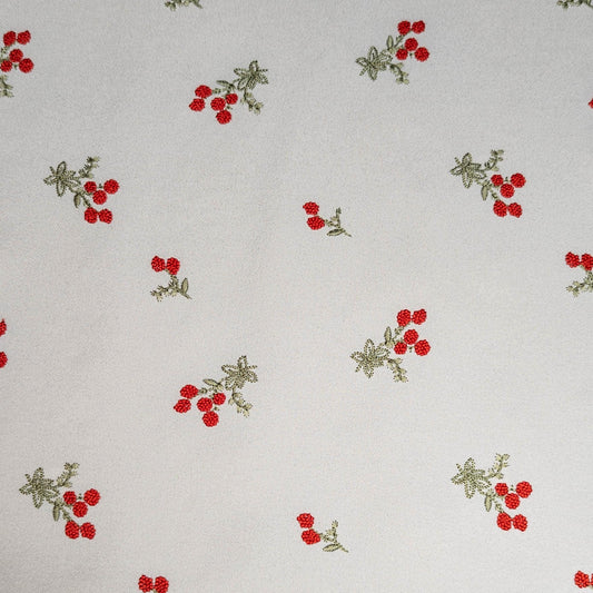 Ivory Crepe Embroidered Delicate Red-Orange Flowers