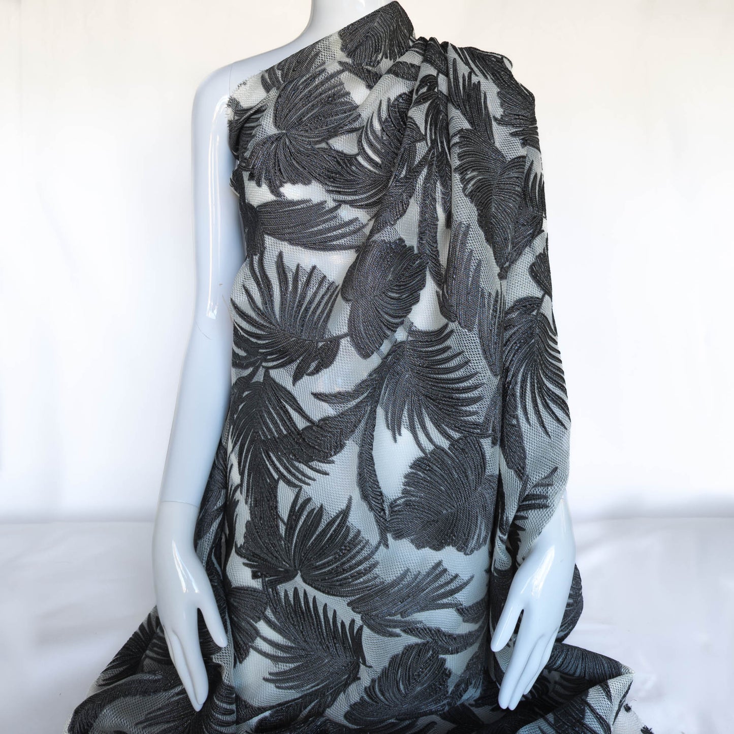 Tropical Leaf Grey Silk and Cotton Jacquard Organza